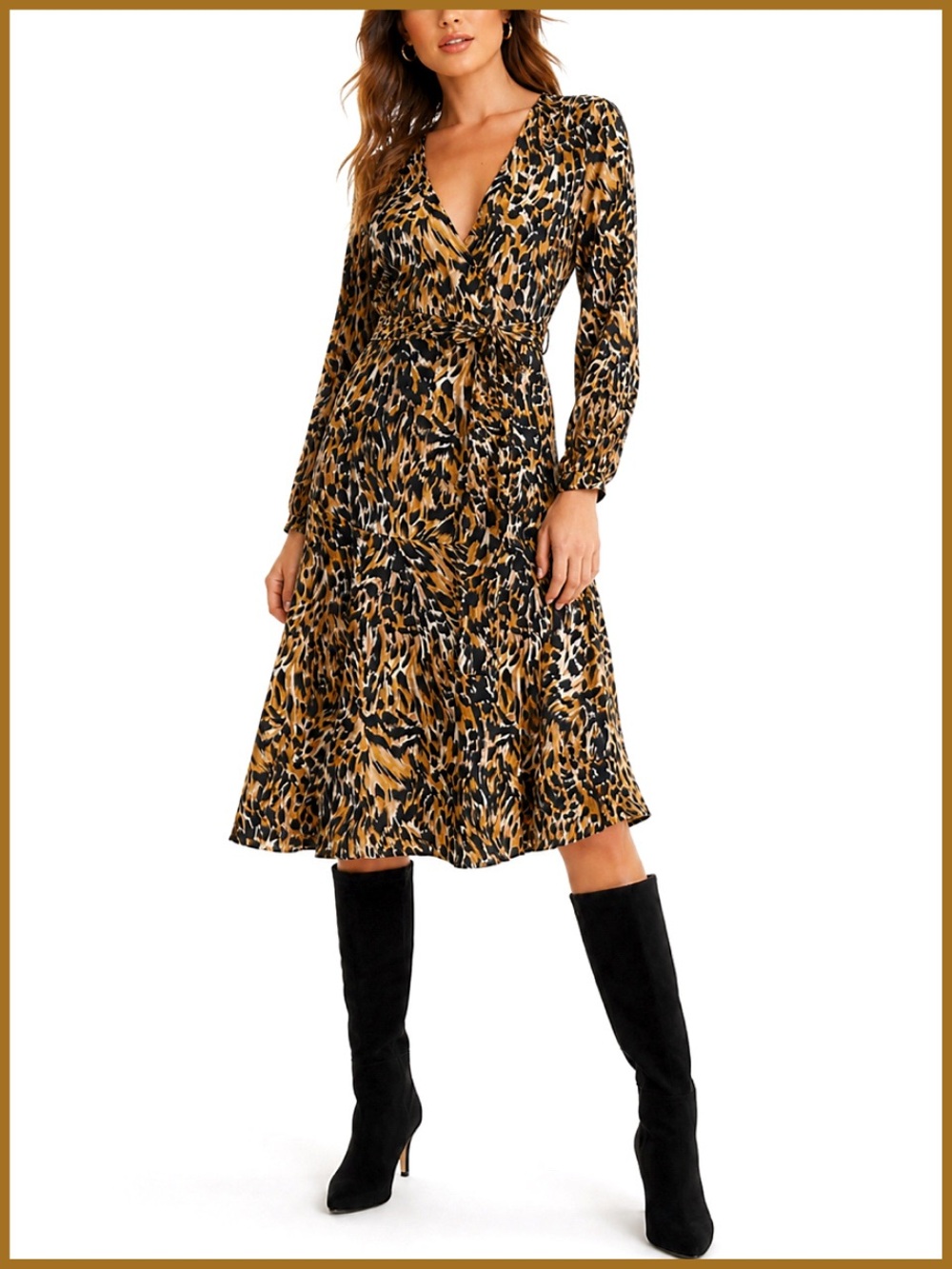 Mango Leopard Print Long Sleeve Midi Wrap Dress